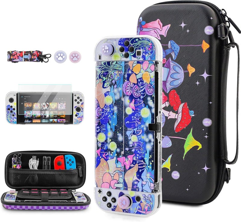 F'DIARY Carrying Travel Case for Nintendo Switch OLED with Mushroom Design, Black Shockproof Kit with Slim Portable Storage Bag, Dockable Cover Case, Screen Protector, Shoulder Strap and 2 Thumb Caps - Image 1